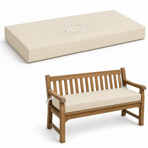 AZMAHT Cuscini Imbottiti per Panche da Esterno/Interno, Poliestere Idrorepellente con Schiuma 50D da 5 Cm, Fondo Antiscivolo, 2 Lacci, Fodera Rimovibile per Panca E Terrazza,Beige,100x50x5cm