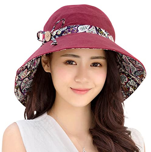 HAPEE APEE Damen Sonne Hüte Sommer Reversibel UPF 50+ Strandhüte Faltbar Breit Rand Kappe, Einheitsgröße, Wine