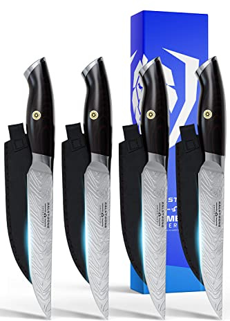 DALSTRONG Steak Knives Set - 4pc - 5.5” (13.97 cm) - Omega Series - BD1N-V Stainless Steel Steak Knives - G10 Woven Fiberglass Handle - Razor Sharp Knife - Leather Sheath Included