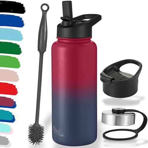Milu Edelstahl Trinkflasche 500ml, 750ml, 1000ml (+3 Deckel) - Thermosflasche mit Strohhalm, Isolierte Wasserflasche, Auslaufsichere Isolierflasche doppelwandig, Kohlensäure geeignet (Berry Blau, 1L)