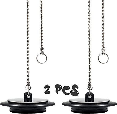 2Pcs Chain Drain Stopper, 43mm Universal Bath Plug with Long Metal Ball Chain and Hanging Ring, Chrome & Rubber Sink Plug Drain Cover Trap Strainer Replacement for Bathtub Bathroom Kitchen Home