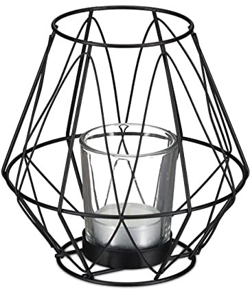 Relaxdays Portavelas Rejilla, Diseño Geométrico, Soporte Velas, Vaso Cristal, Metálico, Decoración Mesa, 14x14 cm, Negro, Hierro