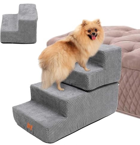 4-stufige Haustiertreppe,Multifunktionale Hundetreppe,Hochdichte Hunderampe Schaumstoff für Hochbett Sofa,rutschfeste Haustierleiter mitabnehmbarem waschbarem Bezug für kleine Hunde, Hellgrau