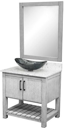 Miseno MV-30SG-NOBV-6001-324G-MIR 30 Free Standing Single Basin Vanity Set with Cabinet, Quartz Vanity Top, Oval Glass Vessel Sink and Mirror - Stonewash Grey/Cafe Mocha Top/Matte Black Hardware