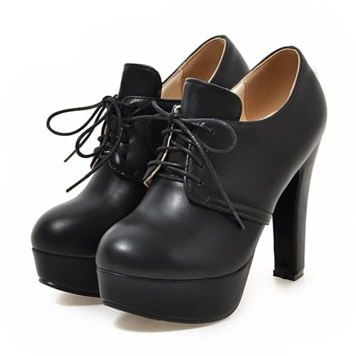 SHEMEE Women's Block High Heels Ankle Booties Platform Pumps Chunky Heeled Oxfords Lace-Up Round Toe Dress Shoes Size 8.5,Black