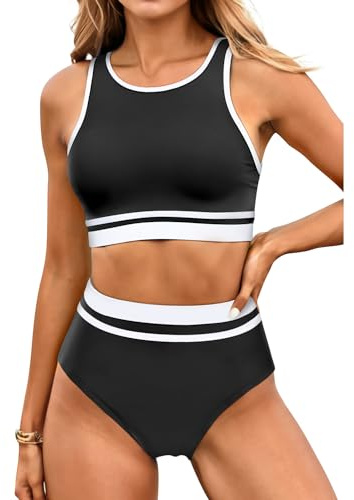 Yonique Women Sport Bikini Set for Teen Juniors Two Piece Swimsuit High Waisted Bathing Suit Black Colorblock M