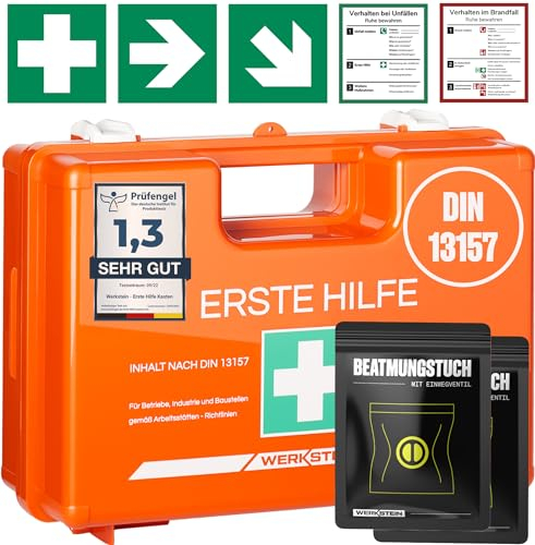 Erste Hilfe Kasten DIN 13157:2021 I Inkl. Beatmungstuch (2x), praktischer Wandhalterung, 5x Aufkleber & Plombe I Erste Hilfe Koffer für Betriebe, Einrichtungen & Zuhause I Verbandskasten