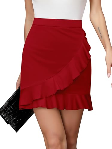 Missufe Gonna estiva da donna, a vita alta, con volant, elasticizzata, mini gonna corta, Colore: rosso, M
