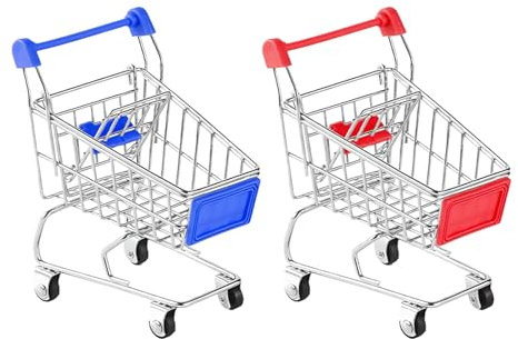 2 Pcs Mini Shopping Trolley,Mini Shopping Cart Mini Trolley Mini Supermarket Handcart,Mini Shopping Grocery Basket for Kids Adults Desktop Decoration Make Up Holder Rack Storage (Red)