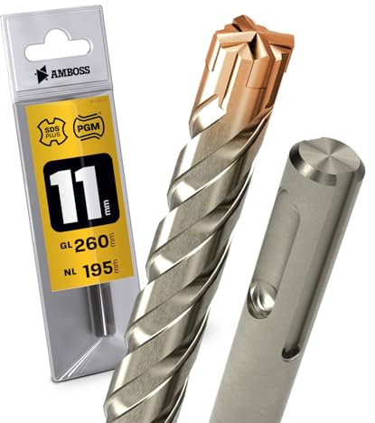 SDS Plus Hammerbohrer 4X Schneiden PGM Ø 11.0mm x 195mm - AMBOSS Werkzeuge SDS Crusher 4 - HM Betonbohrer Hartmetall Profi Bohrer 11.0 mm x 195 - Steinbohrer Stahlbeton Mauerwerk Ziegel Kalksandstein