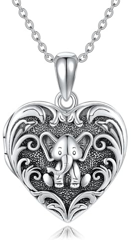 ONEFINITY Elefant Medaillon Halskette, die Bilder Sterling Silber Elefant Herz Medaillon Schmuck für Frauen hält