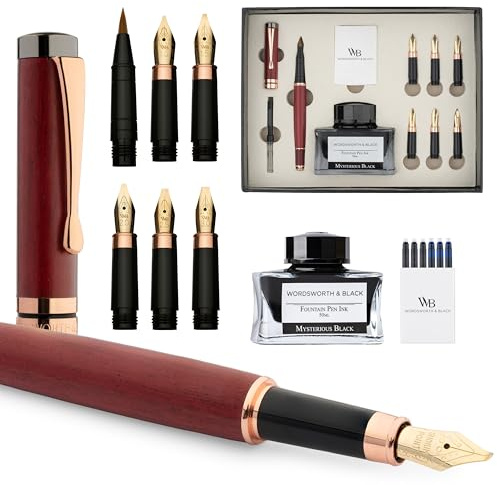 Wordsworth & Black kalligrafipennset, presentset i violett trä – Inkluderar bläckflaska, 6 bläckpatroner, konverterare och 6 utbytesspetsar, lyxig bambu (Violett trä)