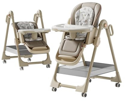 Veitoalioy Pelle PU Seggiolone, Seggiolone Pappa 0 36 Mesi, Sedile da Pranzo Multi-funzionale e Multi-ingranaggio Regolabile, Sedili Per Pasti Dotati Di Ruote e Piatti Staccabili (8122 Khaki)