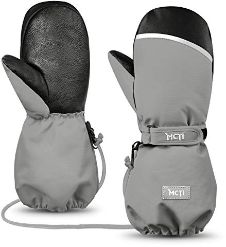 MCTi Kids Mittens Waterproof Winter Ski Warm Sherpa Lined Long Cuff with String (Gray, X-Small(Fits 8-11 Years))