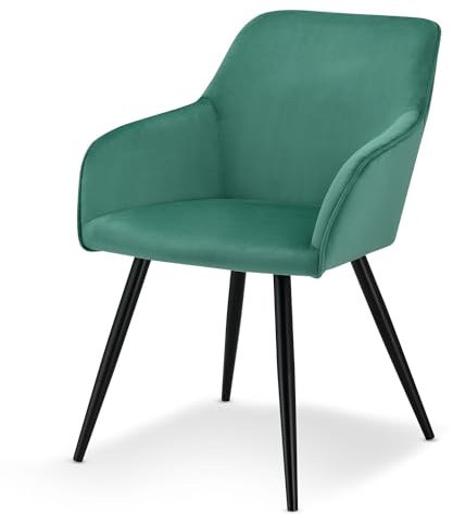 Juskys Esszimmerstuhl Tarje mit Rückenlehne & Armlehne, Metallbeine, Samt Bezug, bis 110 kg belastbar, Stuhl Esszimmer Küchenstuhl Polsterstuhl - grün