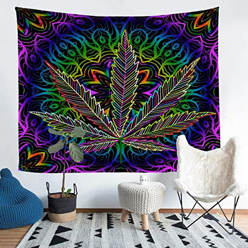 Loussiesd Marihuana Leaf Wandbehang für Männer Erwachsene Cannabis Leaves Tapisserie Marihuana Weed Leaf Drucken Wandteppich 130x150cm Tapisserie Psychedelic Colourful Leaf