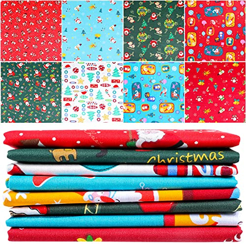 Qpout 8 Stück Weihnachtsstoffe (50x50 cm), Weihnachtsmann Weihnachtsbaum Hirsch Weihnachtsstoffbündel Patchwork Baumwolle, Mehrfarbiges Weihnachtsmaterial Stoffbahnen zum Selbernähen
