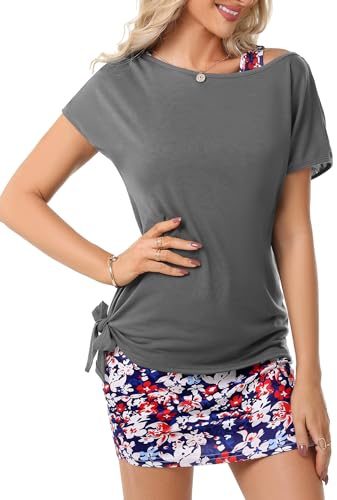 Gyabnw Dam mini pennklänning 2 i 1 sommar t-shirt + klänning avslappnad axellös bodycon klänning elegant festklänning sexig tunika klänning, Röd blommig + mörkgrå, XXL