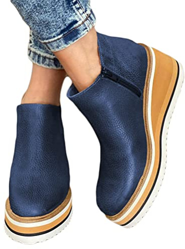 Onsoyours Bottines pour Femme à Talon Compensé avec Fermeture Eclair Latérale Plate Forme à la Cheville Bottes Tendance à Tige Courte Chaussures Décontractées Bleu Marine 39 EU