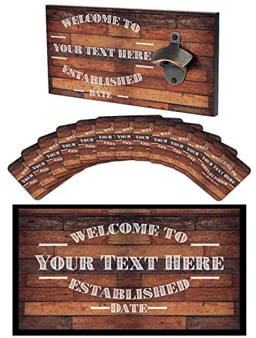 Personalised Bottle Opener Wall Mounted Wooden Bar Sign Plaque, 12 x Cardboard Beer Mats, Rubber Bar Runner Mat - Matching Bar Accessories for Home Pub Man Cave - Gifts for Him, Dad - WBS-A1273