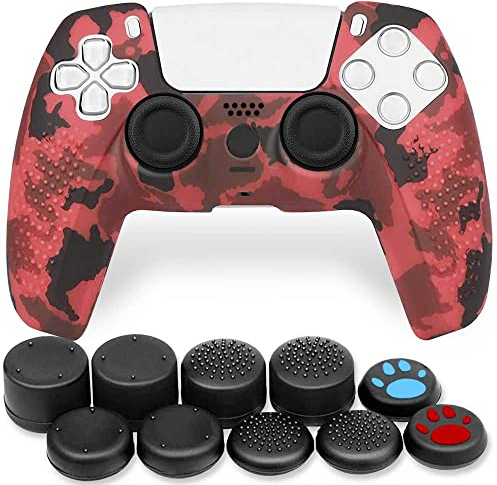OcioDual Coque de Protection Silicone Compatible avec Manette PS5 Camouflage Rouge Étui Housse Anti-Dérapant Skin Peau Bumper