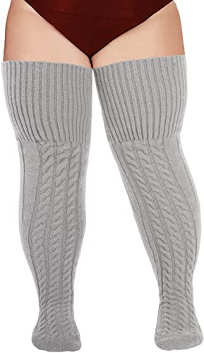 Moon Wood Wool Plus Size Thigh High Socks For Thick Thighs- Extra Long Womens Warm Cable Knit Over Knee Stockings Leg Warmers Grey