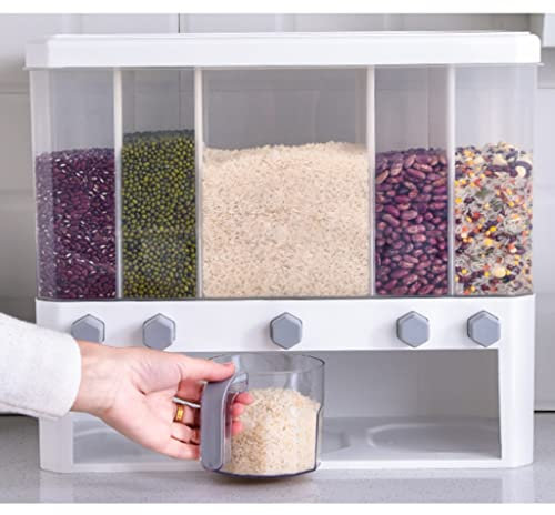 QHLOM Grain Dispenser Large Cereal Dispenser, 5 Compartments Dry Food Storage Dispenser Multi-purpose Oatmeal, Beans Kitchen, Home Kitchen Supplies (Color : White)