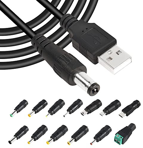 GINTOOYUN 5V USB2.0 to DC Power Cable USB2.0 to DC 5.5mmx2.1mm Universal Charging Cable with 13 Connector Plugs for Laptops, Speakers, Power Banks, Routers, etc(60.2Inch)