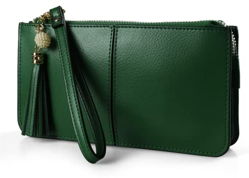 befen Borsa da polso, in vera pelle, da donna, con cinturino da polso e chiusura a zip e nappa staccabile, adatta per telefono 8 Plus, Verde scuro, Taglia unica, Pochette da polso