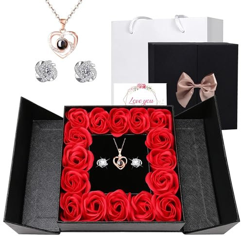 EGEKTBH Gifts for Women, Preserved Eternal Flowers Rose Gift Box with 100 Language Love You Necklace and Earring, Artificial Rose Flowers for Women Girls for Birthday, Valentines Day, Christmas