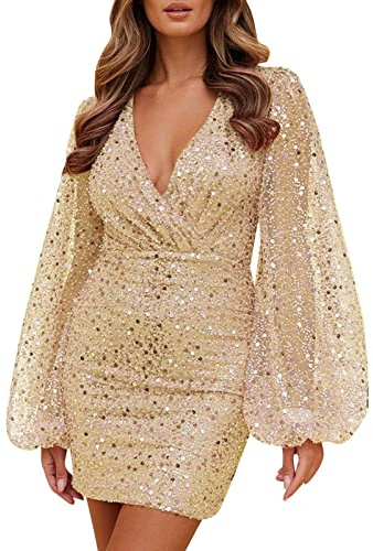 GZYshoyao Minikleid Damen Kleid Pailletten Kleid V Ausschnitt Sexy Paillettenkleid Slim Party Kleid Wickelkleid Langarm Glitzer Silvester Brautkleid Cocktailkleid Pailletten Oberteile (Gold, M)
