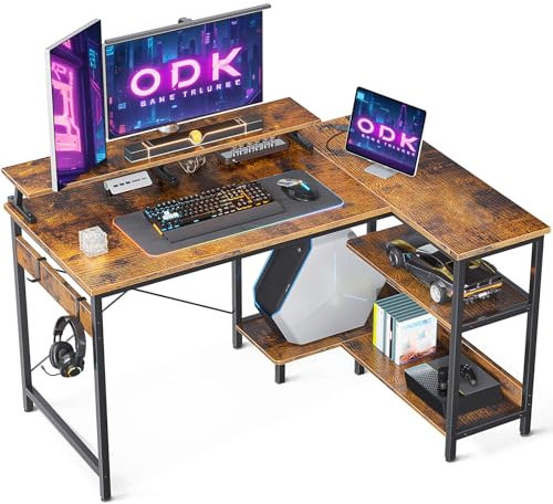 ODK Bureau d'angle, Bureau en Forme de L avec Étagères Réversibles, 120x80x88cm Bureau Gaming Angle, Bureau D'ordinateur avec Support D'écran et Crochets pour Casque D'écoute pour, Marron