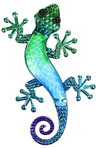 ROCKING GIFTS Figura Decorativa Lagarto Metálico Colorido, Lila Azul y Verde, Adorno Placa para Colgar Pared, Decoración Mural Original para Balcón Jardín, 30 cm