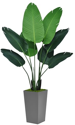ASTIDY Bird of Paradise Künstliche Pflanze, 1,5 m – künstliche tropische Palme mit grauem hohem Pflanzgefäß – künstliche Bananenblätter, Bodenpflanze – künstlicher Seidenbaum für Zuhause, Büro,