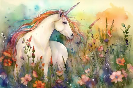 Acryl-Bild 50 x 30 cm: Einhorn auf der Wiese mit Blumen. Aquarellillustration (203195003)