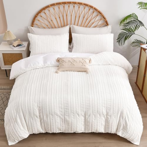 DJY White Duvet Cover Set King Size 3PCS-Plain Tufted Bedding Set, Soft Microfiber Lightweight Duvet Cover Set with Zipper Closure (King, 230x220cm)