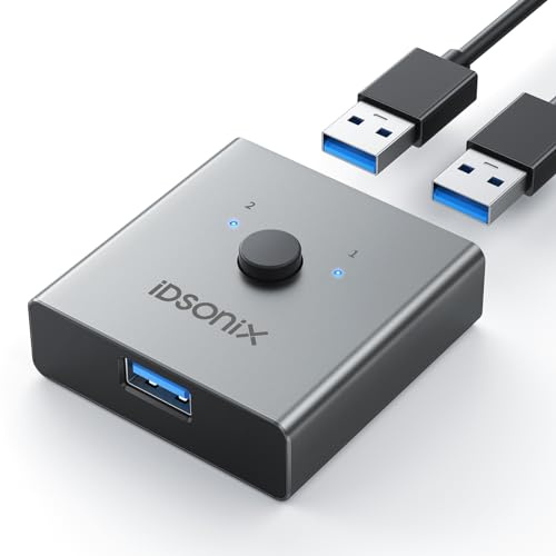 iDsonix USB 3.0 Switch 2 PC Aluminium, Bi-direktionaler USB Umschalter 2 in 1 Out, USB Sharing Switch 2 Computer teilen Sich 1 Gerät für Drucker Maus Tastatur, unterstützt CarPlay, Android Auto