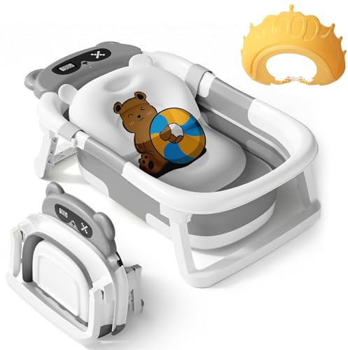 LiveGo Collapsible Baby Bathtub, Foldable Infant Tub for Newborn to Toddler (0-36 Months), Real-Time Temperature Monitor, Soft Cushion, Portable, Anti-Slip Feet, Drain Hole for Easy Use