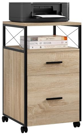 WOLTU Rollcontainer, mobiler Aktenschrank mit 2 Schubladen, offenem Fach, Hängeregistratur Büroschrank mit Rollen, Druckerständer, für A4/Letter-Ordner, helle Eiche, 40x69x40 cm, ASK09hei