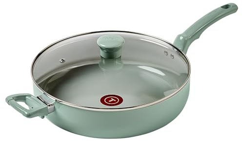 T-Fal Refresh Ceramic, Ceramic Non Stick Jumbo Cooker w/Lid 5 Quart, Oven Broiler Safe 350F, Cookware, Kitchen, Deep Frying Pan w/Handle, Saute Pan, Healthy Cooking, Skillet Pots and Pans Mint Green