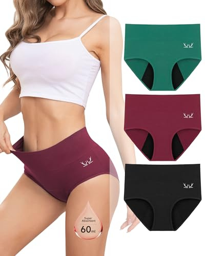Rdiner Culotte Menstruelle Coton, Absorbe 60ML de Volume Menstruel Important, sous Vetement 4 Couches Anti-Fuite pour Regle (Lot 3), Noir+vert Foncé+rouge Vin, M
