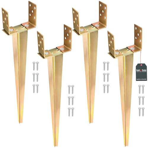 KOTARBAU® 4 st. Islaghylsa - Jordhylsa - 0-160 mm - Stolphållare Justerbar - Varmförzinkat Stål - 70 cm - Guld - Stolpspjut - Golvankare - Golvhylsa - Varmförzinkad Jordhylsa