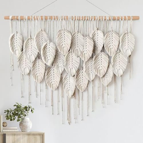 ASTNIC Macrame Wall Hanging Leaf Tapestry, Large Boho Handmade Woven Tassel Tapestry Bohemian Chic Home Wall Art Decor for Bedroom Living Room Apartment Craft Decoration(Beige)