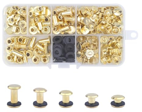 MABAHON 100 Sets Chicago Buchschrauben,4/6/8/10/12mm Chicago Binding Schrauben kit Schraube Metallzubehör Nägel Nieten für DIY Leder Dekoration,Taschen,Geldbörse,Bookbinding(Gold)