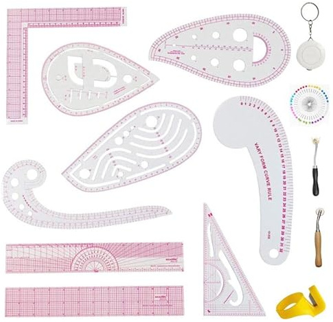 Sewing Ruler for Pattern Making 14 Pcs Set, 9 Transparent Rulers, 2 Tracing Wheels, Tape Measure, Perfect Tools for Beginners Tailors Designers