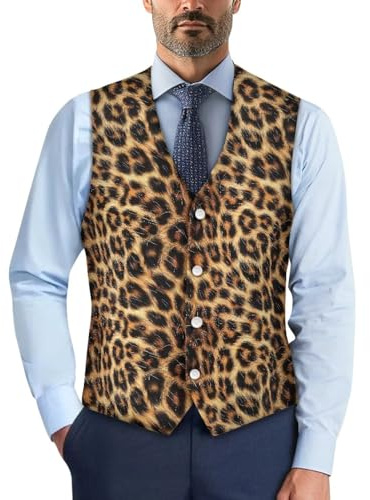 POLERO Kostym väst för män färgglad tryckt klänning väst knapp v-ringad affärer formell väst västar S-4XL, leopardmönster, M