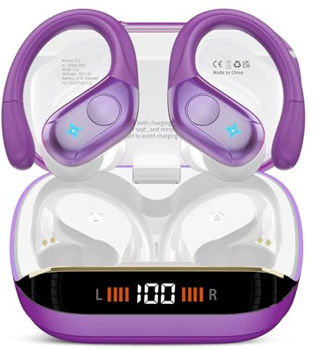 Qecnato Bluetooth Kopfhörer Sport, 75H, In Ear Kopfhörer Kabellos Bluetooth 5.4, HiFi Stereo, Ohrhörer mit 4 HD ENC Mic, LED Anzeige, IP7 Wasserdicht Wireless Headset mit Ohrhaken, Violett