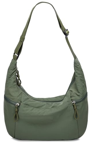 VASCHY Bolso Bandolera Mujer Grande Media Luna Impermeable Ligero de Nylon Estilo Boho Deportivo con Correa Ajustable y Múltiples Bolsillos para Universidad Trabajo y Viaje,Verde Oscuro