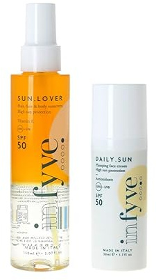 INFYVE Summer Set | Set mit Sonnenschutz für Gesicht DAILY.Sun SPF50 50 ml und Sonnenschutz für Körper, Haare und Gesicht Sun.Love 150 ml | mit Antioxidantien und Hyaluronsäure | 150 ml und 50 ml