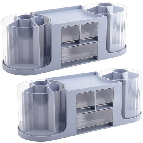 CHUIFAI 2 Stück Schreibtisch Organizer Blau, 14 Fächer Stiftehalter Aufbewahrungskiste, Kunststoff Tisch Organizer Büro mit 2 Schubladen für Büromaterial, Schreibwaren